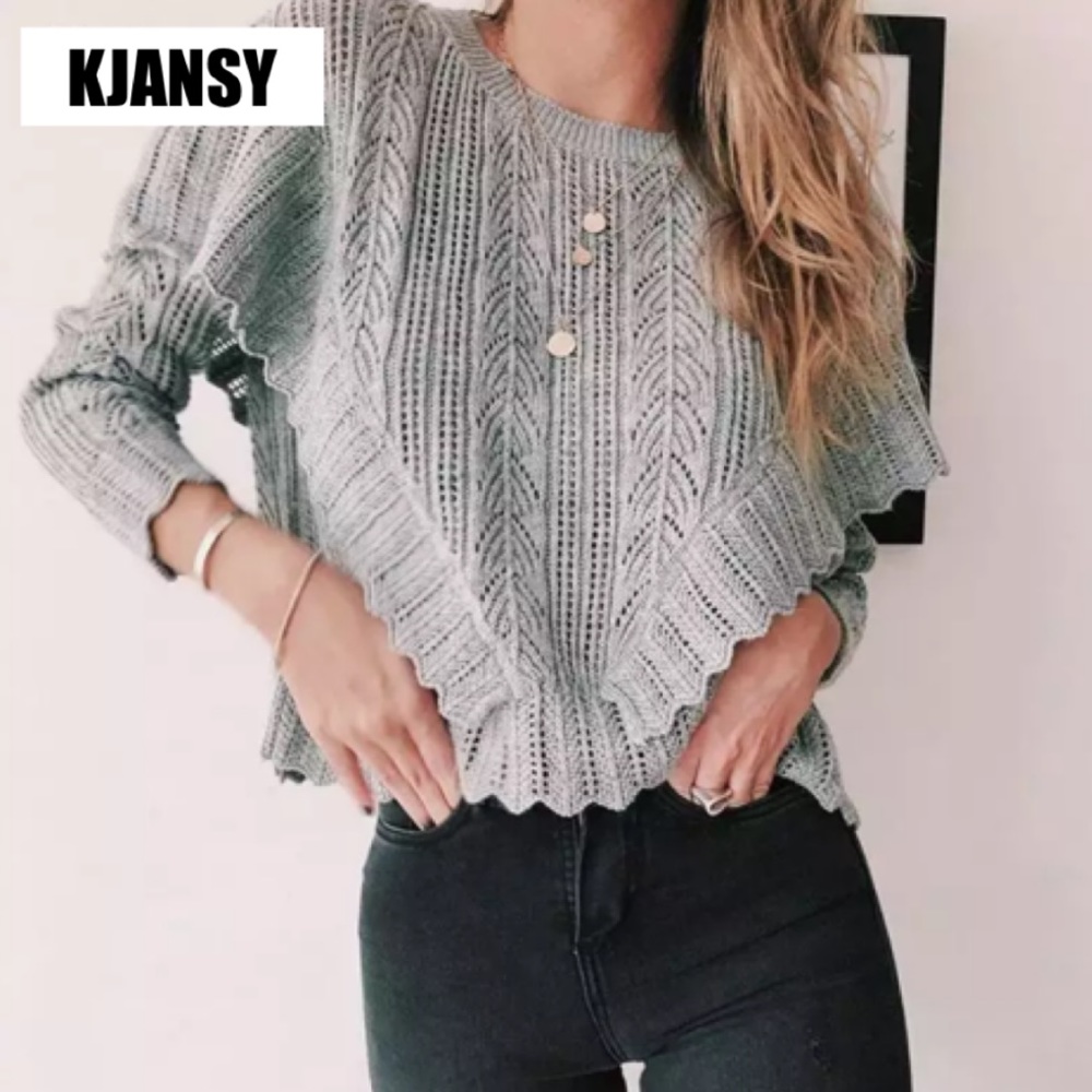 Gray Ruffled Sweater Top - Picture 2 of 7